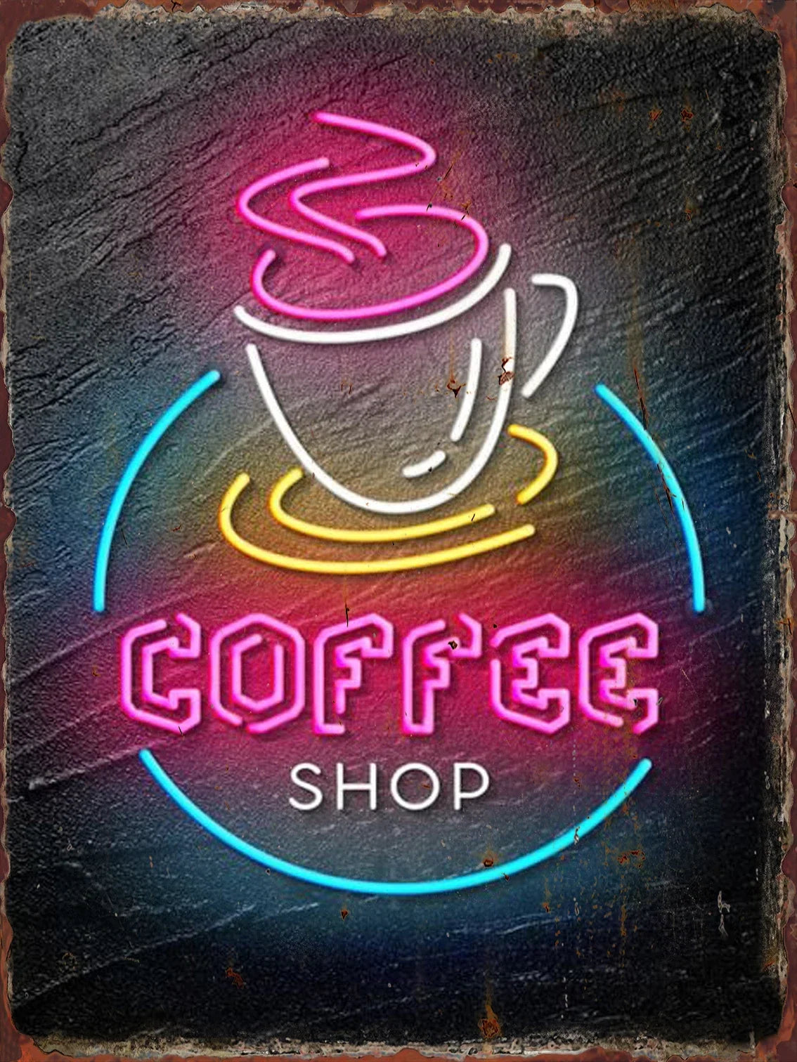 Letrero metálico de lata con neón de taza Coffee Shop en rosa, azul y amarillo con borde