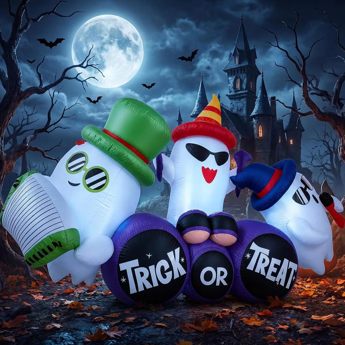 Banda inflable con motivos de Halloween y luces LED, ideal como decoración para el jardín o el patio en Halloween, para fiestas en el césped o en el jardín. Medidas: 237 x 105 cm.