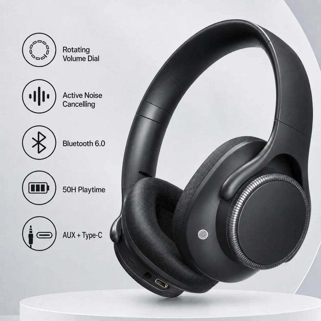 Auriculares inalámbricos Bluetooth 6.0 con ANC (cancelación activa de ruido), controladores de 40 mm, 50 horas de reproducción, control de volumen giratorio y diseño circumaural.