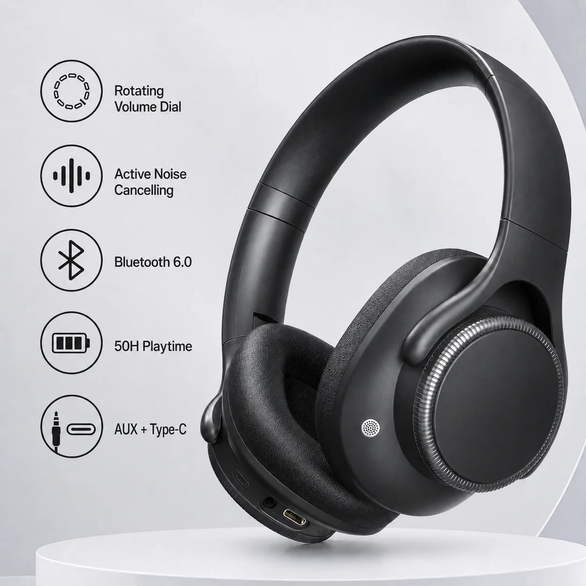 Auriculares inalámbricos Bluetooth 6.0 con ANC (cancelación activa de ruido), controladores de 40 mm, 50 horas de reproducción, control de volumen giratorio y diseño circumaural.
