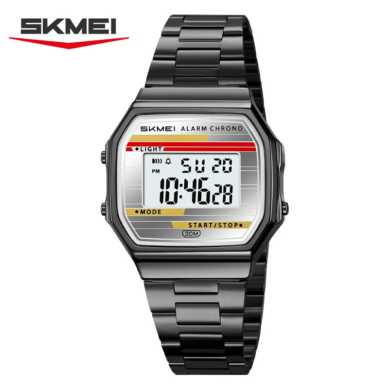SKMEI Stainless Steel Watch for Men LED Men's Digital Wristwatches Light Retro Square Gold Case Stopwatch Alarm Classic Reloj