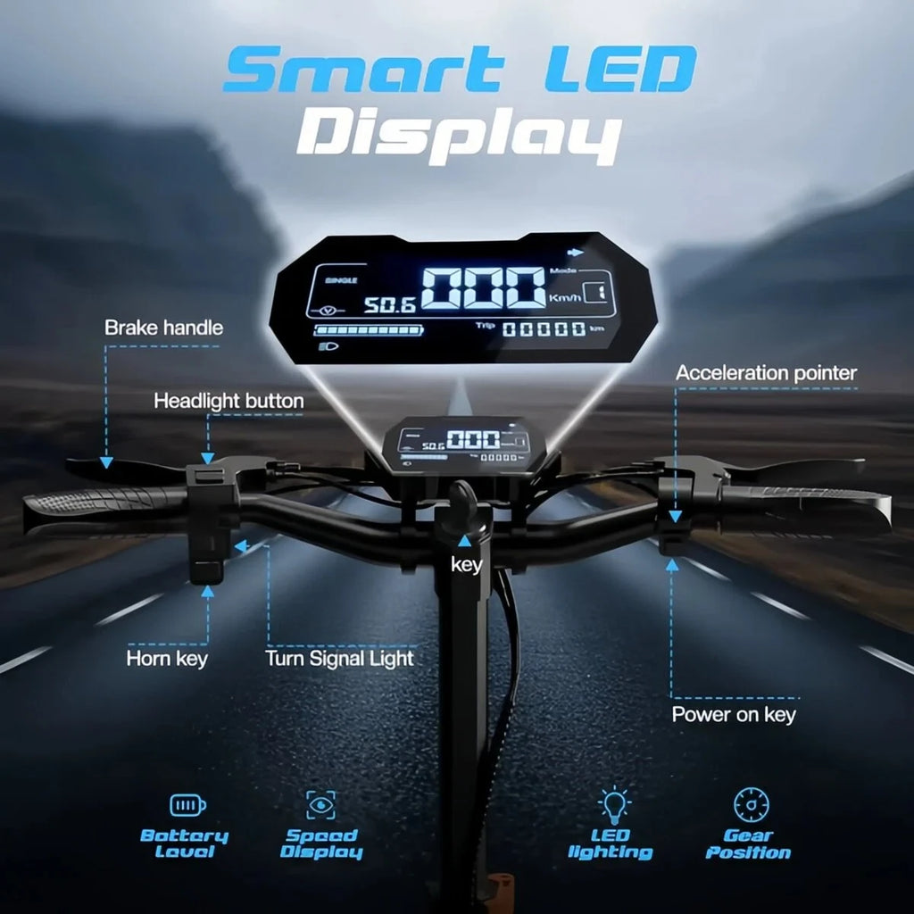 Patinete eléctrico con pantalla LED y mandos del acelerador, bocina e intermitentes