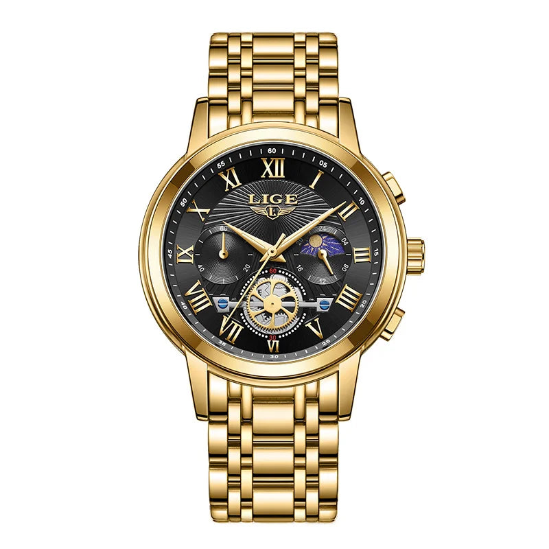 LIGE Nuevo reloj de pulsera de cuarzo impermeable para mujer, reloj de pulsera deportivo para exteriores de moda, reloj femenino de lujo con fase lunar, fecha y cronógrafo