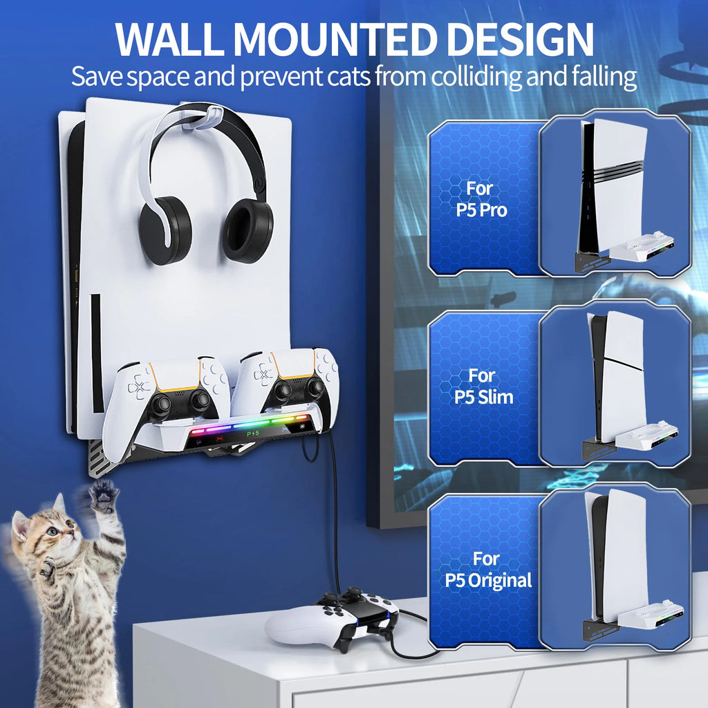 Wall Mount Kit with RGB Light For PS5/ Pro/ Slim Console Dual Controller Charging Station Headset Hanger For PS5 Accessories