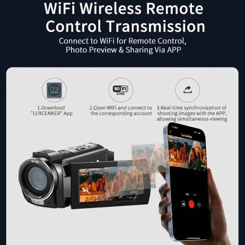 Videocámara Digital Inalámbrica WIFI 5K con Zoom Digital 18X, Pantalla Táctil IPS de 3 Pulgadas, Visión Nocturna IR para Vlogging AE20