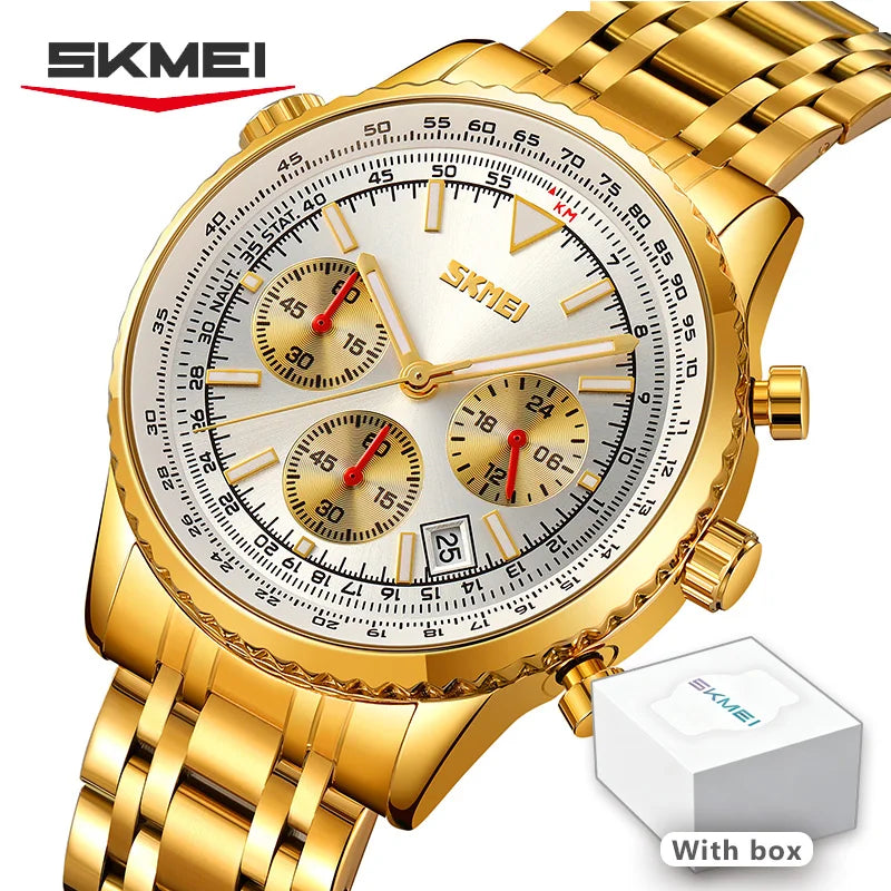 Reloj de pulsera de lujo para hombre SKMEI, impermeable, luminoso, con fecha y cronómetro, reloj de cuarzo para hombre de acero inoxidable Reloj Hombre