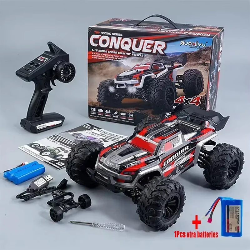 Coche RC Wltoys 1:16 50 km/h de alta velocidad 4WD todoterreno Monster Truck, vehículo eléctrico recargable con control remoto de 2.4 GHz, batería de 7.4 V, faros LED, engranajes metálicos, suspensión independiente, juguete de hobby para adultos, regalo