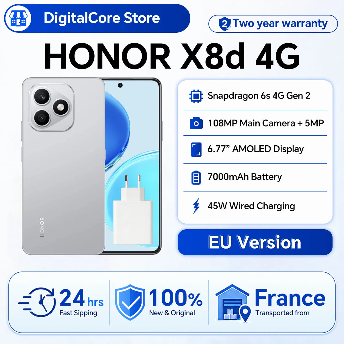 Smartphone HONOR X8d Snapdragon 6s 4G Gen 2, pantalla AMOLED de 6,77", batería de 7000 mAh, carga superrápida de 45 W, cámara principal de alta definición de 108 MP, versión europea con IP65