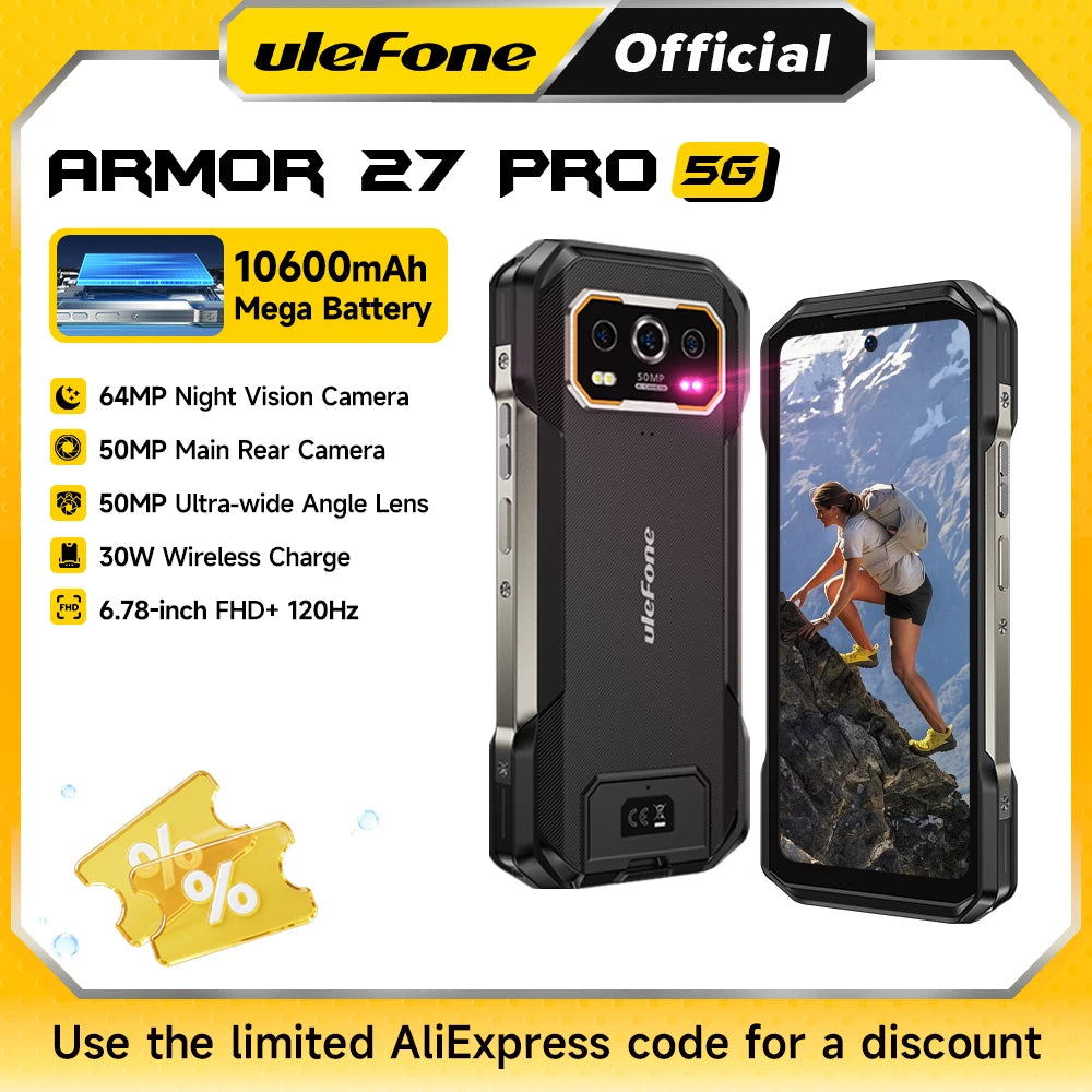 Teléfono resistente Ulefone Armor 27 Pro 5G, smartphone de 10600 mAh, cámara de 50 MP, visión nocturna de 64 MP, Android 15, hasta 24 GB+256 GB, NFC, teléfono resistente al agua