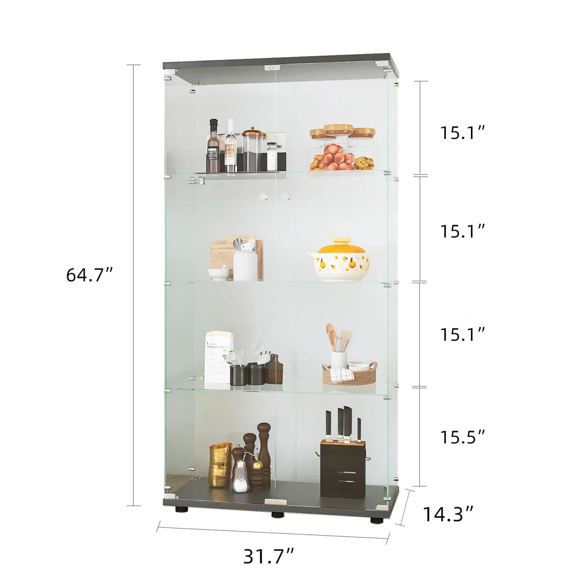 Vitrina de cristal con LED, expositor de pie de 4 niveles, vitrina para salón, dormitorio, recibidor, blanco/negro