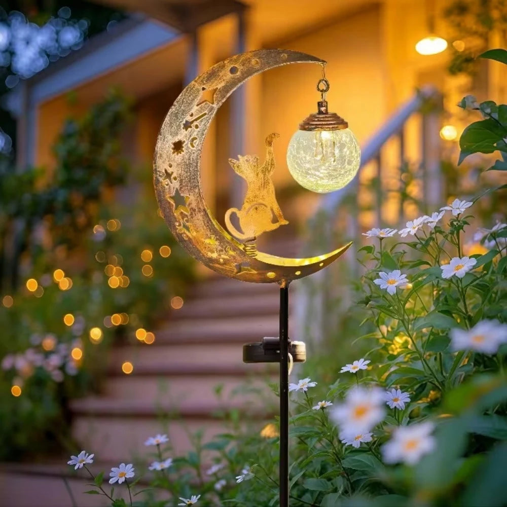 Solar Garden Lights Owl Pathway Stake Lights Glass Globe with Moon Cat Decor Outdoor Decor Lights for Walkway Yard Lawn Patio