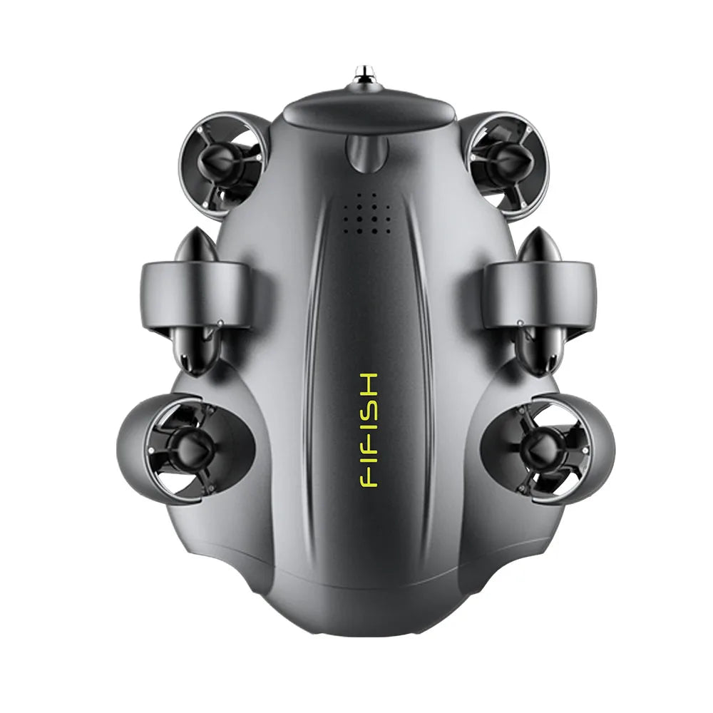 Robot submarino ROV gris con cuatro hélices laterales y cúpula superior