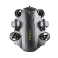 Robot submarino ROV gris con cuatro hélices laterales y cúpula superior