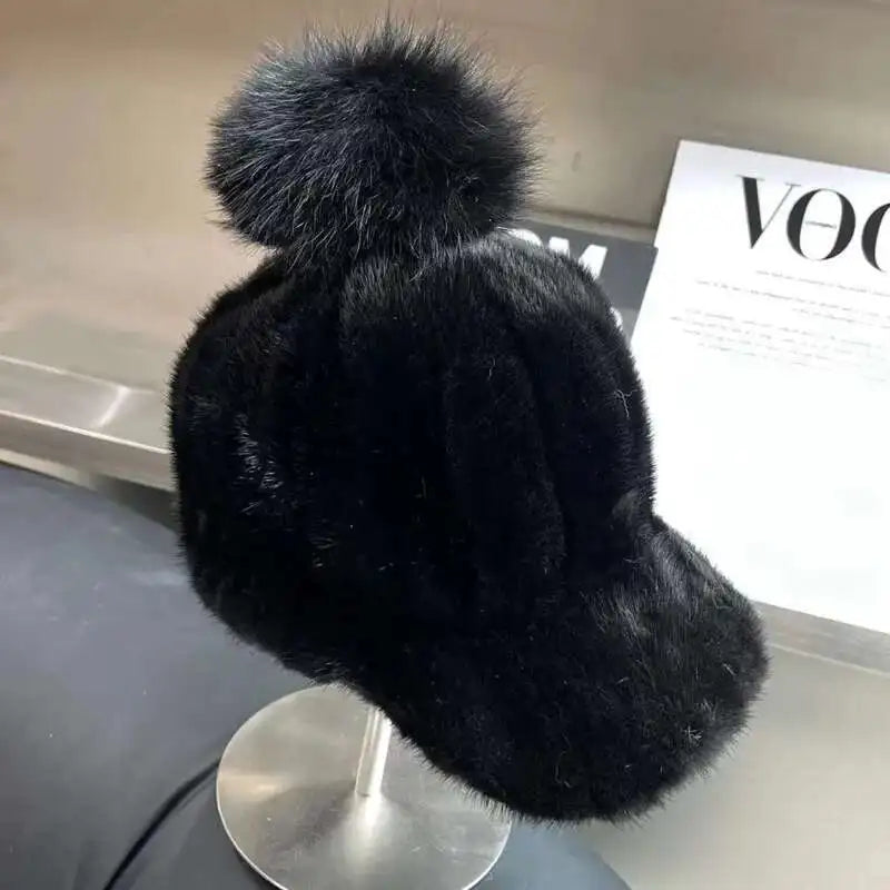 Gorro de piel de visón auténtica para mujer, gorro informal de pico de pato con bola de piel de zorro, gorro de caballero tejido a la moda, gorros de béisbol de piel auténtica gruesa