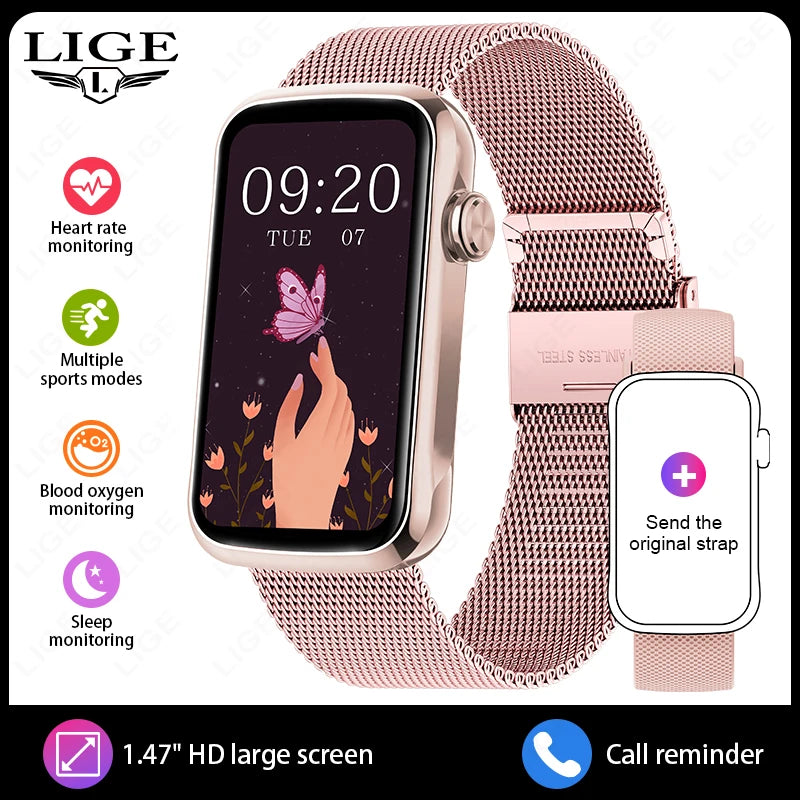 Reloj inteligente LIGE de 1.47" para mujer y hombre, pulsera inteligente con monitor de frecuencia cardíaca, contador de pasos, deporte, fitness, salud y resistente al agua, smartwatch para dama