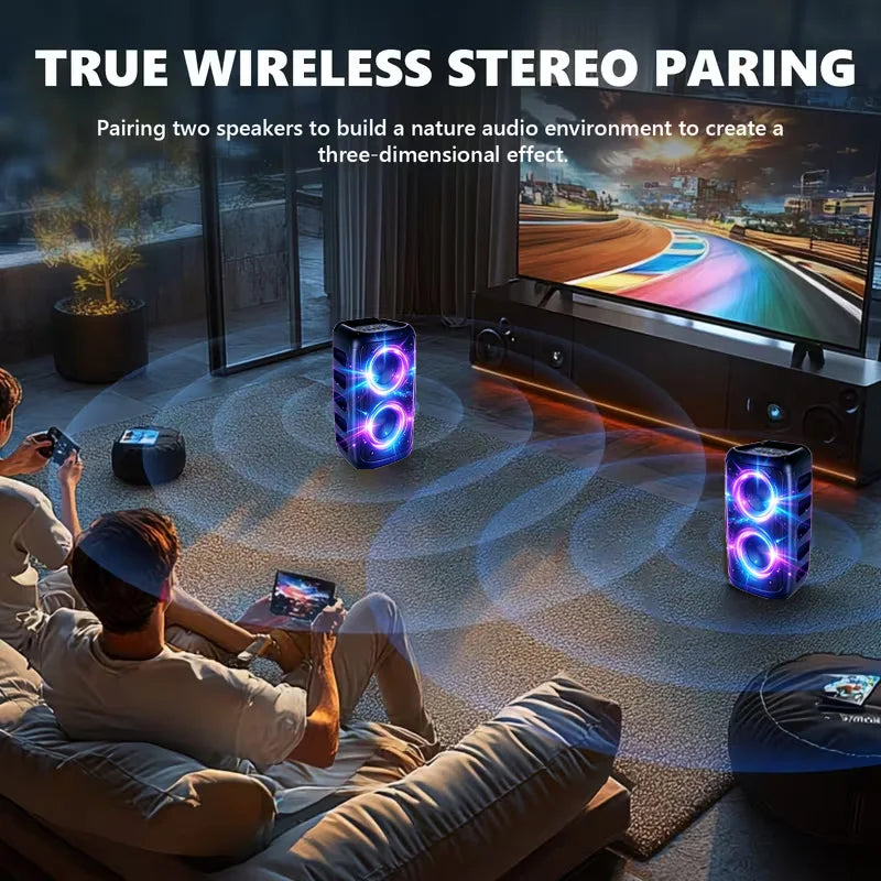 Altavoz Bluetooth profesional grande de 9900 Hz con micrófono, diseño portátil, incluye subwoofer Party Box, luces LED, compatible con funciones BT/USB/TF/AUX/FM/TWS/MIC/EQ, karaoke profesional. Regalo ideal para cumpleaños.