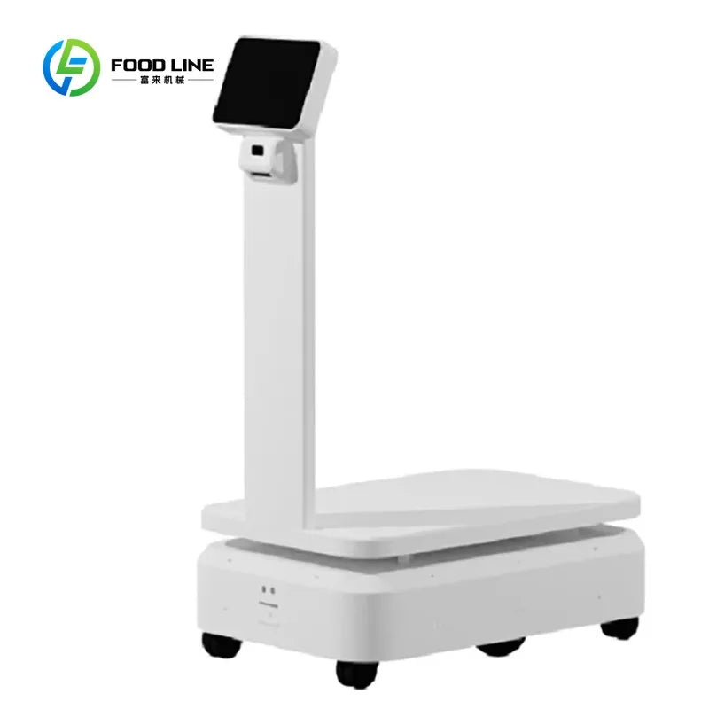 Robot de entrega con IA, torre blanca con pantalla negra y base redonda con ruedas.