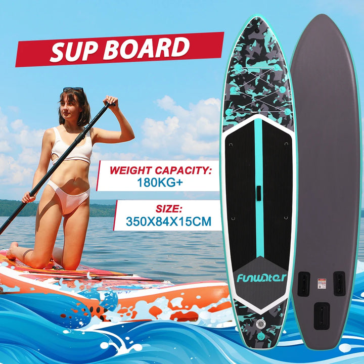 Tabla de paddle surf Funwater SUPFW32C, 350x84x15 cm, 180 kg+, SUP hinchable de camuflaje negro y turquesa para lagos, bahías tranquilas, yoga y pesca, paddleboard con soporte para cámara y accesorios