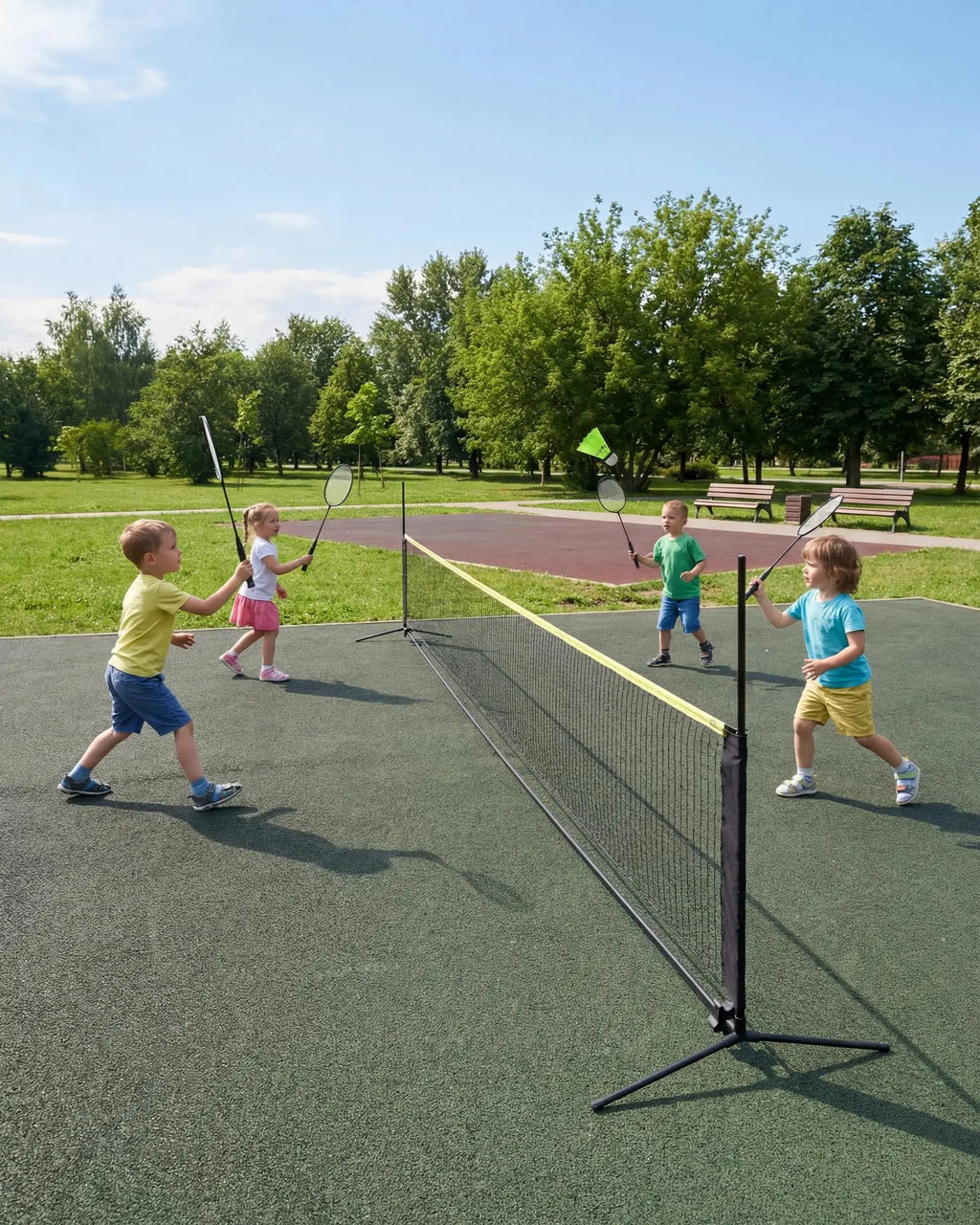 Juego de red de bádminton y pickleball ajustable en altura de 5,1 m – Portátil con bolsa, incl. 2 raquetas, 2 palas, 3 pelotas – Ideal para jardín, playa y actividades al aire libre