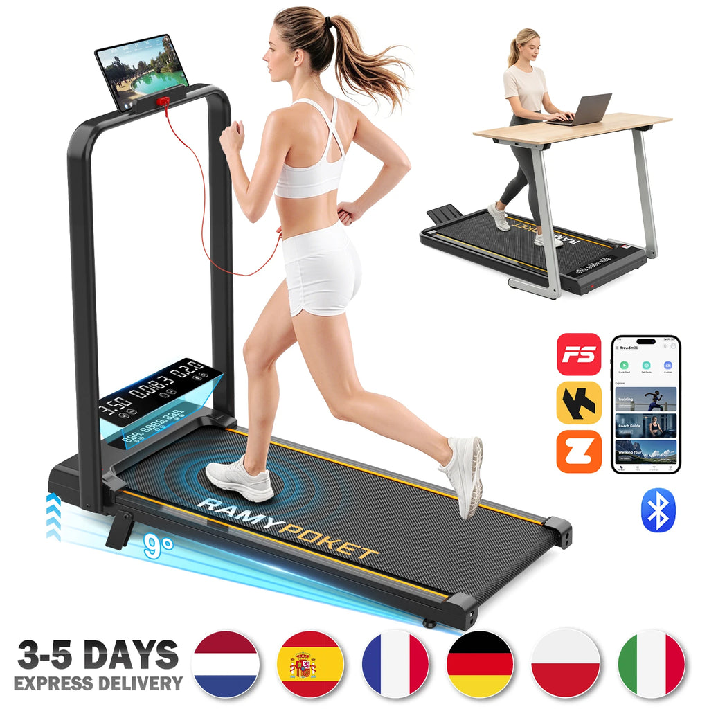 Caminadora plegable Ramypoket con inclinación del 15 %, velocidad máxima de 12 km/h, control mediante aplicación y pantalla LED, caminadora para oficina con capacidad máxima de carga de 150 kg.