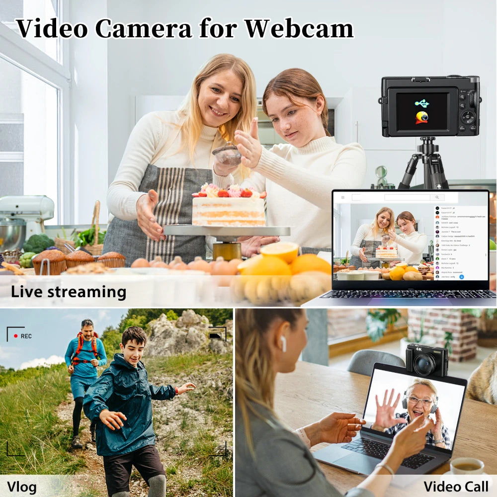 Cámara digital 4K para fotografía y vídeo Cámara de vlogging compacta antivibración con enfoque automático de 48 MP 3'' 180 °   Pantalla abatible con Flash