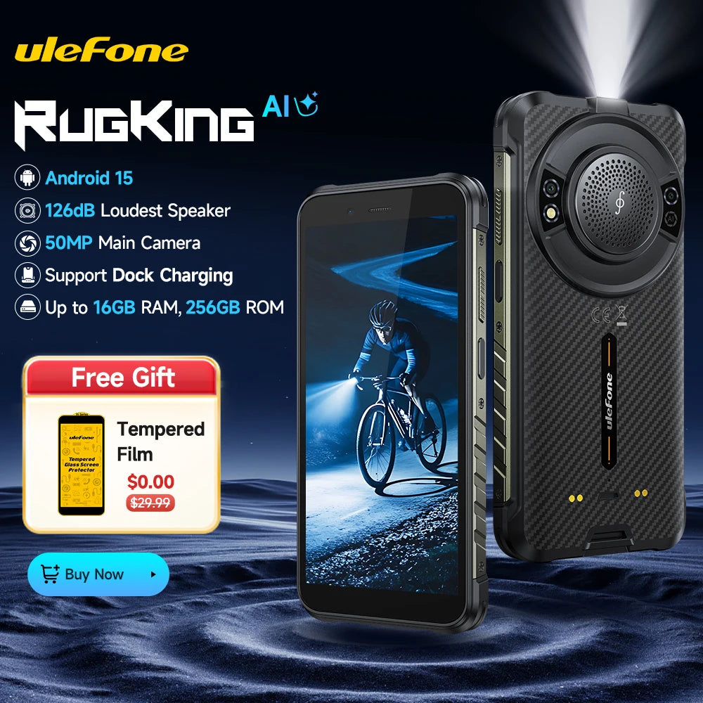 Smartphone ultrarresistente Ulefone RugKing 4G, Android 15, hasta 16GB RAM+256GB ROM, 9600mAh, NFC, pantalla de 5.99", altavoz potente, teléfono resistente al agua