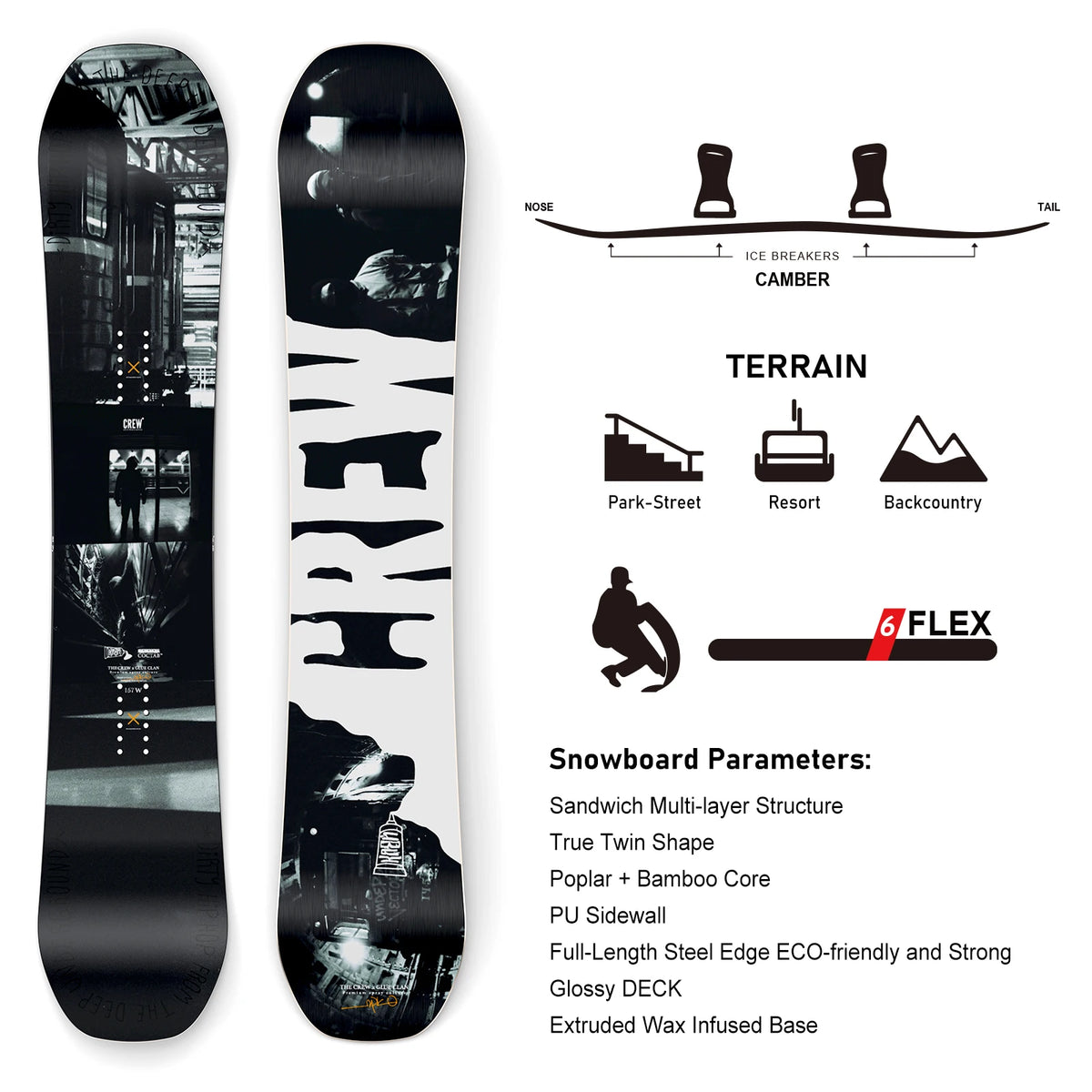Tabla de snowboard XCMAN para principiantes, todo terreno, forma True Twin, curvatura/Rocker, Flex-6