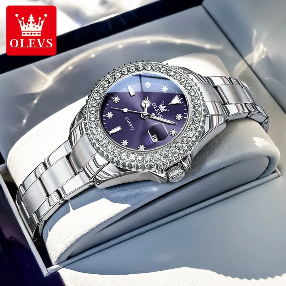 Relojes originales elegantes para mujer OLEVS 9945, reloj de cuarzo, resistente al agua, luminoso, con fecha automática, reloj para dama, regalo, bisel con diamantes