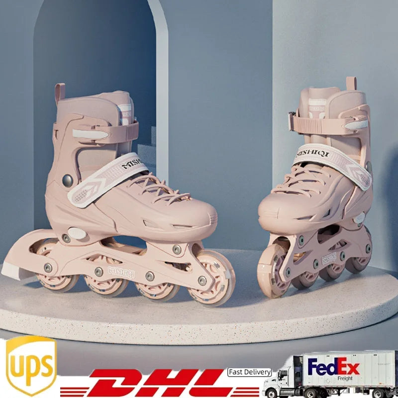 Patines en línea brillantes de cuatro ruedas, equipados con accesorios: bolsa portátil, tamaño ajustable, adecuados para mujeres, hombres, niños y niñas, calzado deportivo para patinaje al aire libre para principiantes.