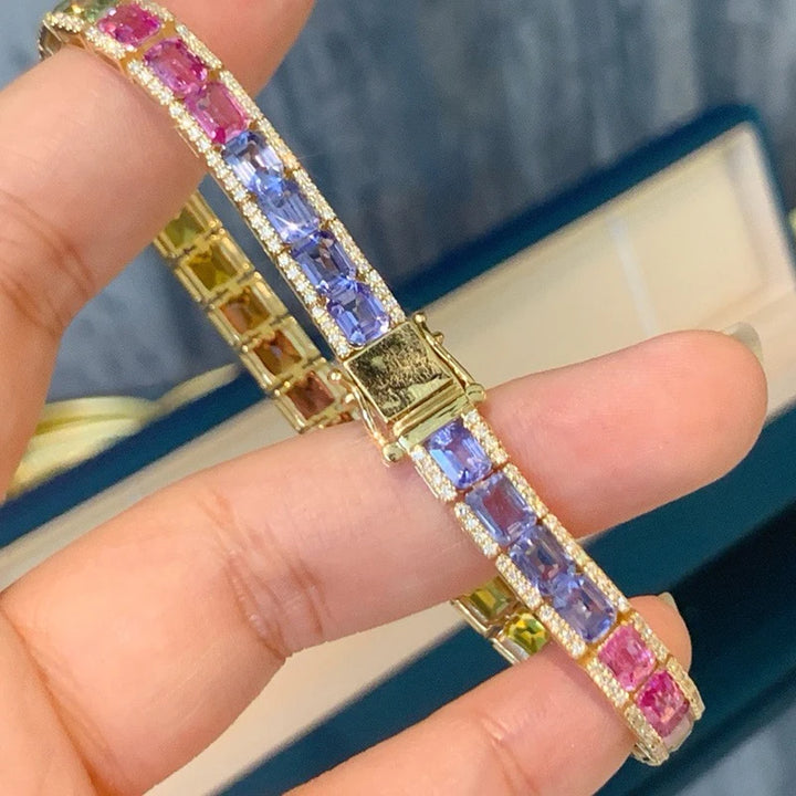 Aazuo Pulsera de lujo de oro amarillo de 18 quilates con zafiro de color natural y diamantes reales para mujer, pulsera de arcoíris para fiesta de compromiso de alta gama