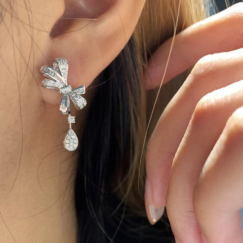 Aazuo, joyería de lujo, oro blanco de 18 quilates, diamantes naturales de 0,75 quilates, pendientes con lazo a la moda para niña, regalo de moda, Au750 fino