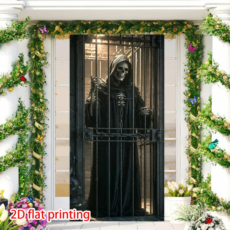 1 unidad, Cortina gótica 2D plana con diseño de calavera y jaula, ideal para fiestas de Halloween, uso interior/exterior, wsj