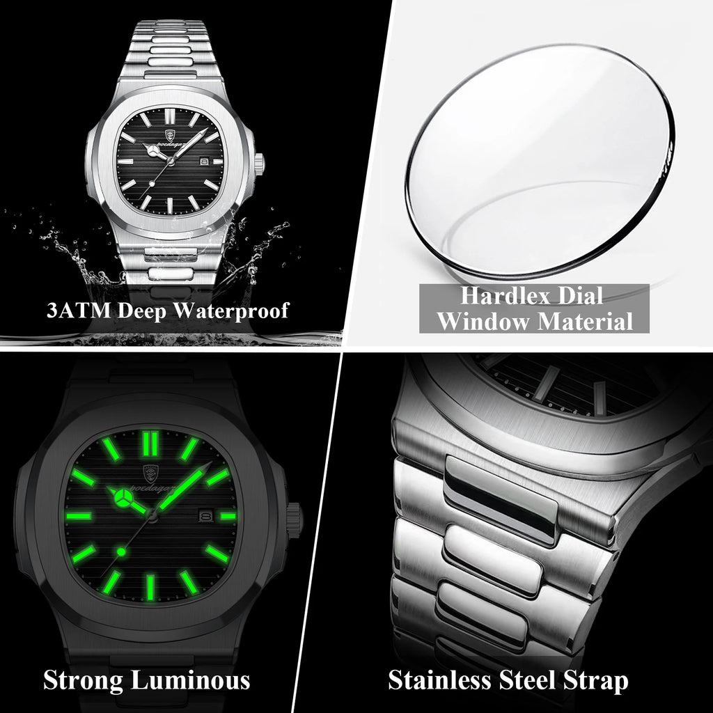Reloj de pulsera de lujo para hombre POEDAGAR, cuadrado, con fecha, luminoso, resistente al agua, de acero inoxidable, reloj de cuarzo para hombre, estilo deportivo y de negocios