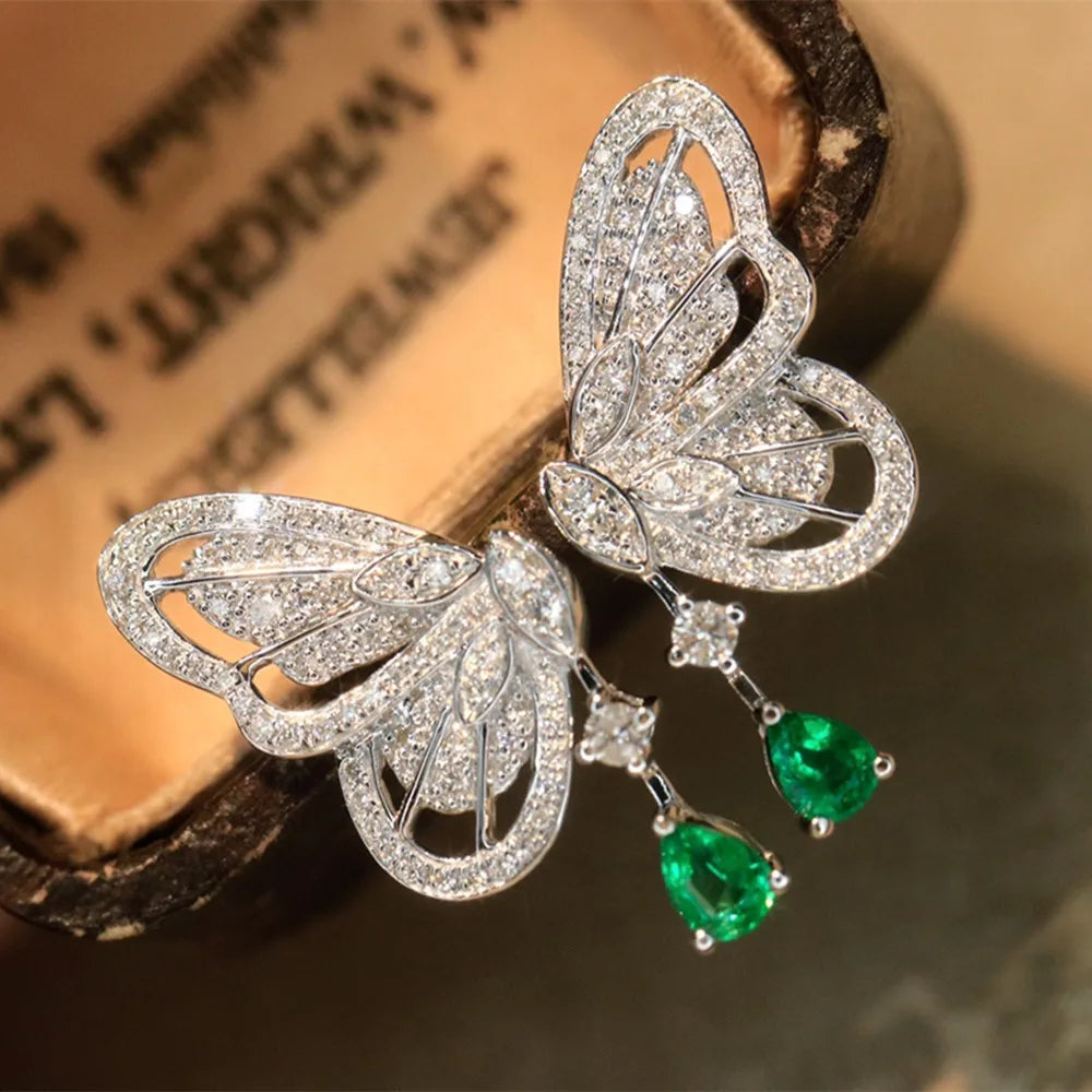 UBESTNICE romántico Real 18K joyería de oro blanco sólido AU750 diamantes naturales Esmeralda mariposa pendientes colgantes para mujer regalo de fiesta