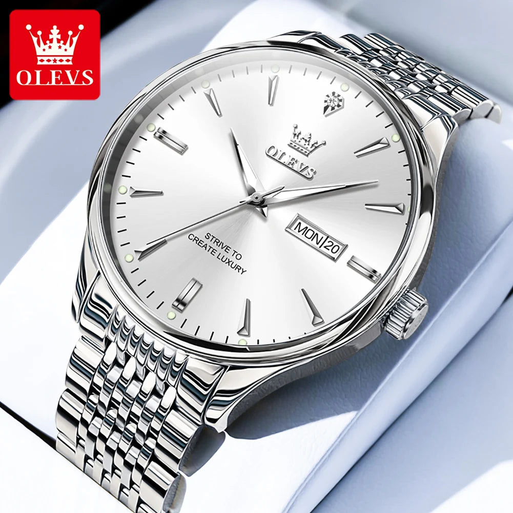 Reloj de cuarzo para hombre OLEVS 2929 original, impermeable, de negocios, con correa de acero, doble calendario, luminoso y de moda para hombre