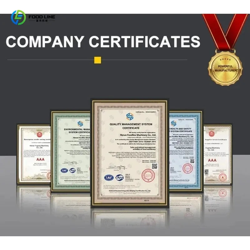 Certificados de empresa con medalla dorada y documentos enmarcados