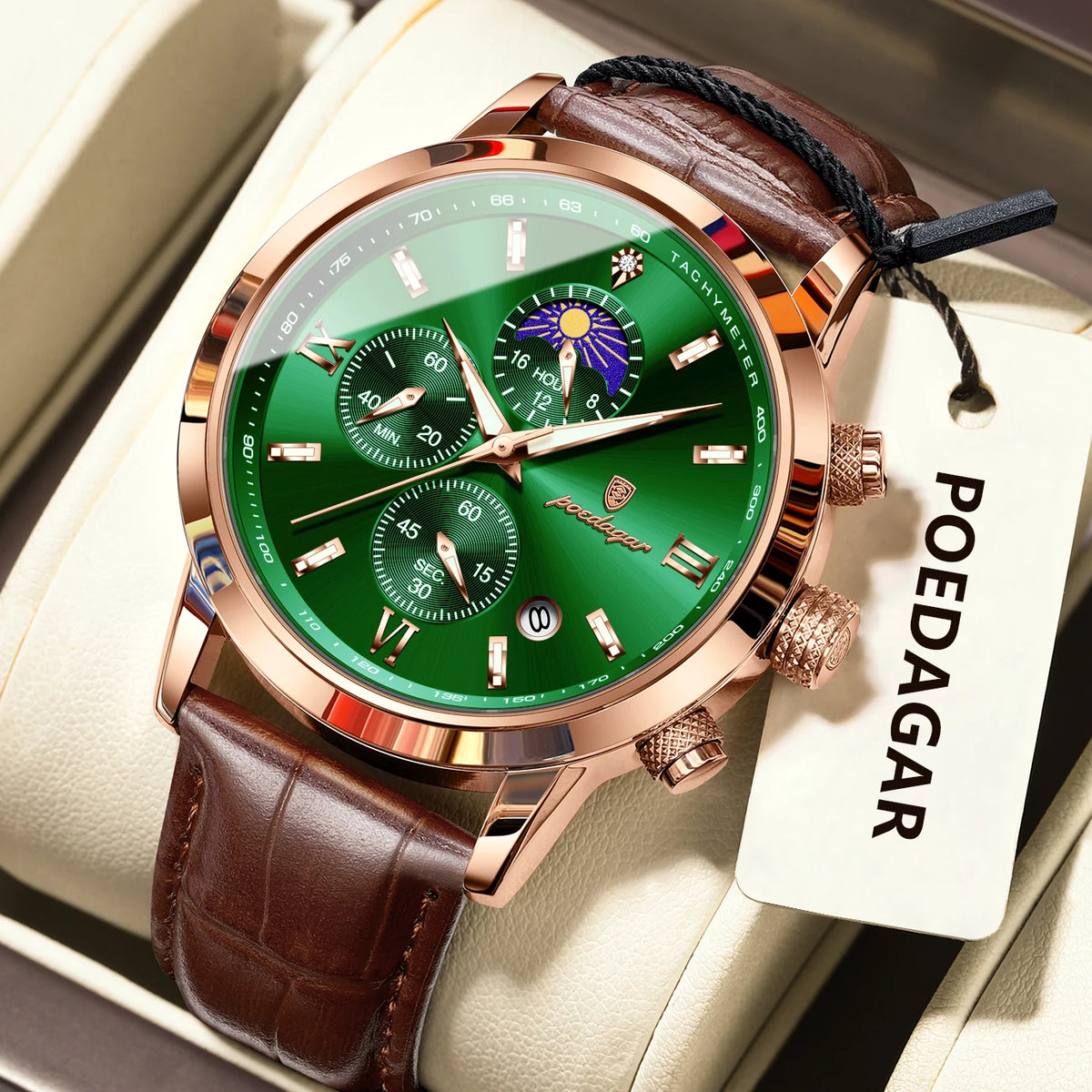 Reloj de pulsera original para hombre POEDAGAR, cronógrafo, con fecha, luminoso, resistente al agua, reloj de lujo de cuarzo con correa de piel para hombre