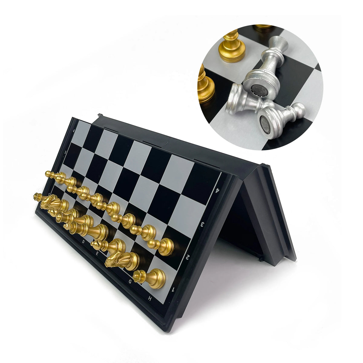 Juego de ajedrez magnético plegable, set de ajedrez dorado y plateado, juego de mesa portátil de plástico para viajes y competición con tablero