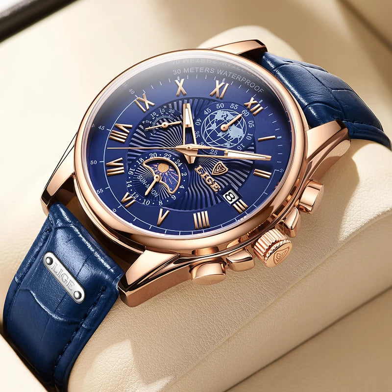 Reloj de hombre LIGE 2026, reloj de pulsera de lujo de marca superior, reloj de cuarzo con correa de piel, reloj deportivo impermeable para hombre + caja