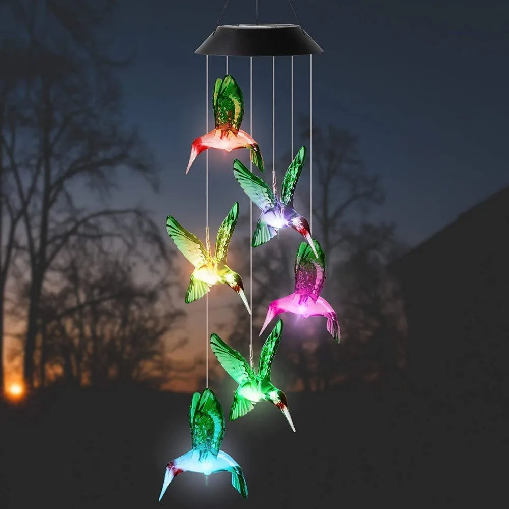 New High Quality Cute Hummingbird Wind Chimes Solar Power Generation Plastic Solar Lighting Lamp Blue Green Courtyard Lamp