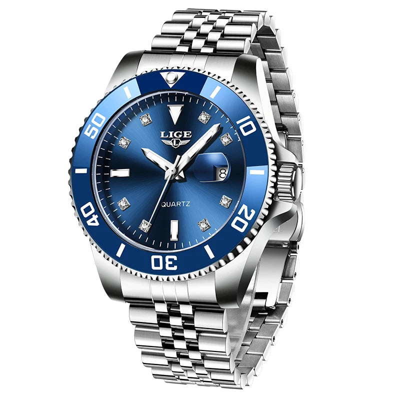 Reloj para hombre de moda LIGE con esfera de diamantes, reloj de negocios, resistente al agua, con calendario, cierre desplegable de mariposa y correa de acero inoxidable.