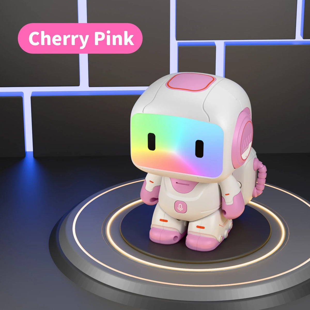 Robot juguete interactivo blanco con detalles rosados y pantalla LED multicolor en base