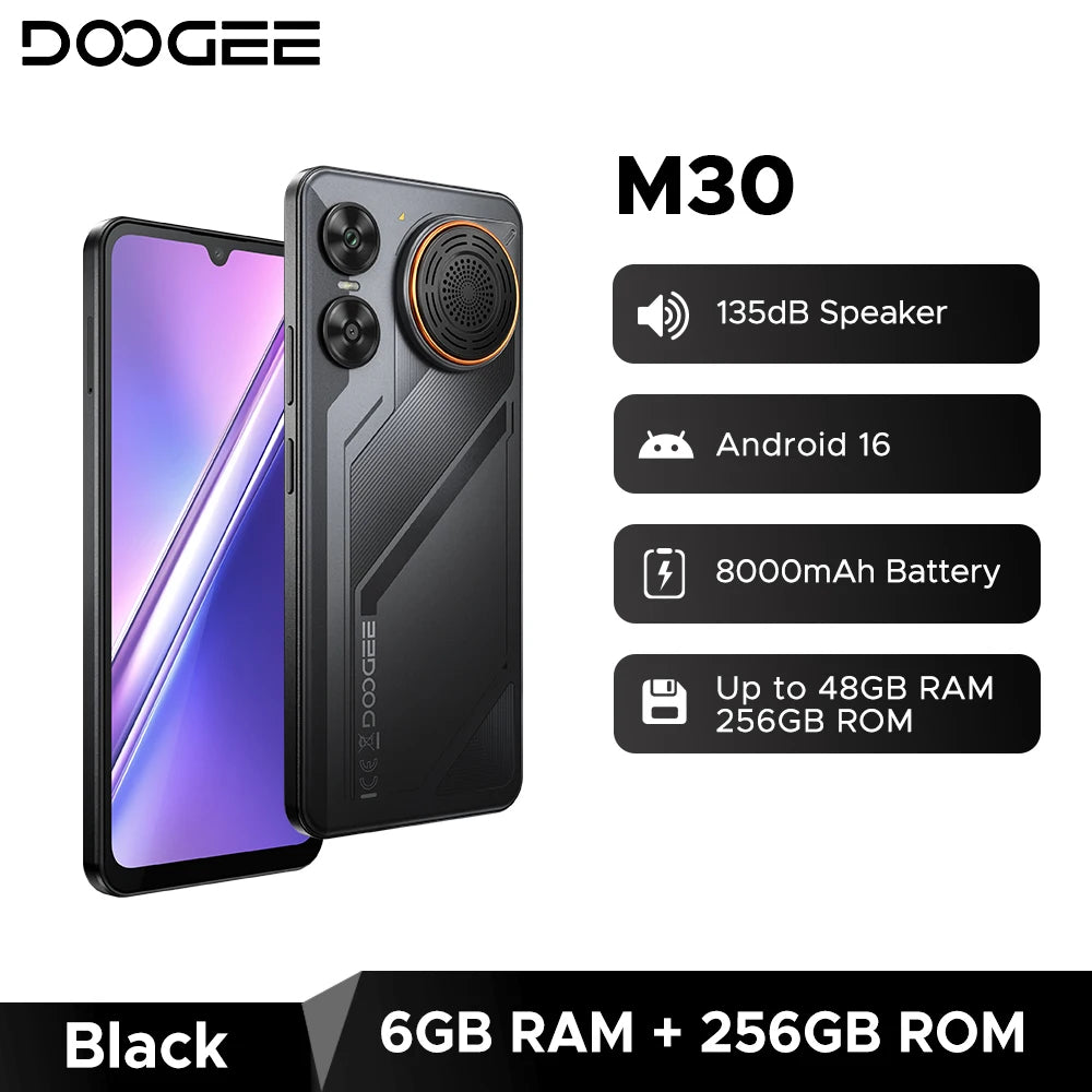 Smartphone DOOGEE M30, batería de 8000mAh, pantalla de 6.88'', 48GB de RAM (6GB+42GB), 256GB de ROM, cámara de 64MP, altavoz de 135dB, Android 16, teléfono móvil con NFC