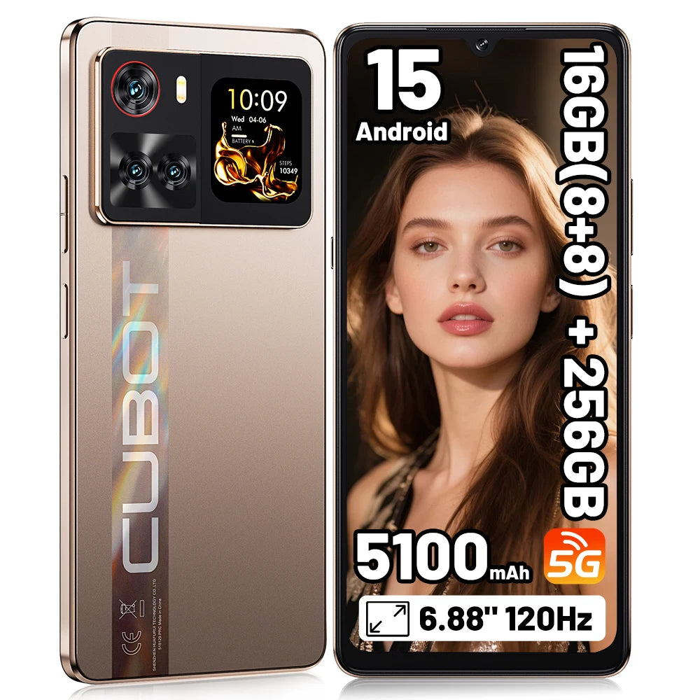 Smartphone Cubot X100 16GB(8+8) RAM+256GB ROM Cámara de 64MP 5100mAh Android 15 Dimensity 7025 5G, pantalla de 6.88" 120Hz 33W NFC