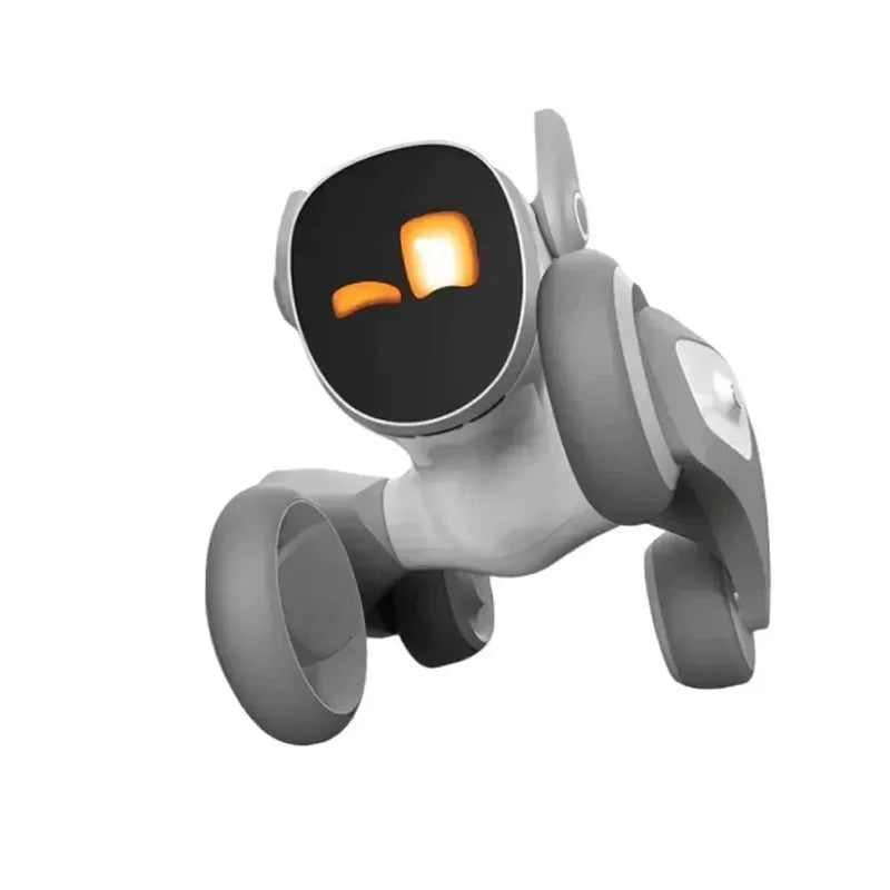 Robot perro mecánico blanco y gris con ojos LED naranjas, vista lateral