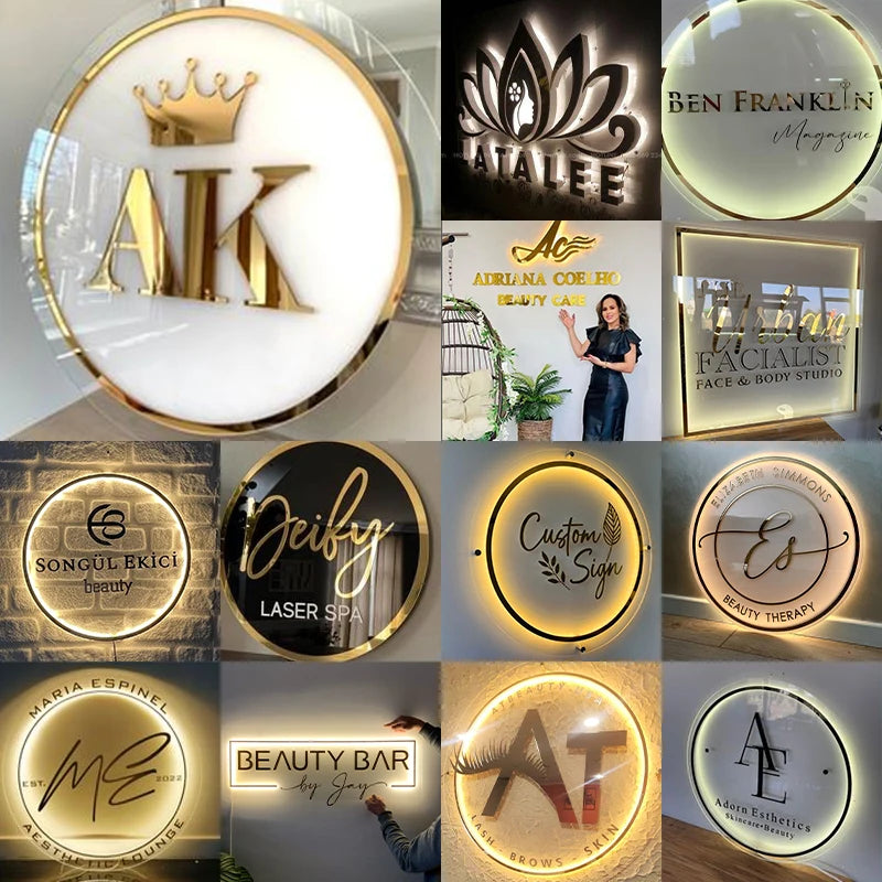 Conjunto de letreros circulares LED de acrílico con coronas y logotipos, luz cálida.