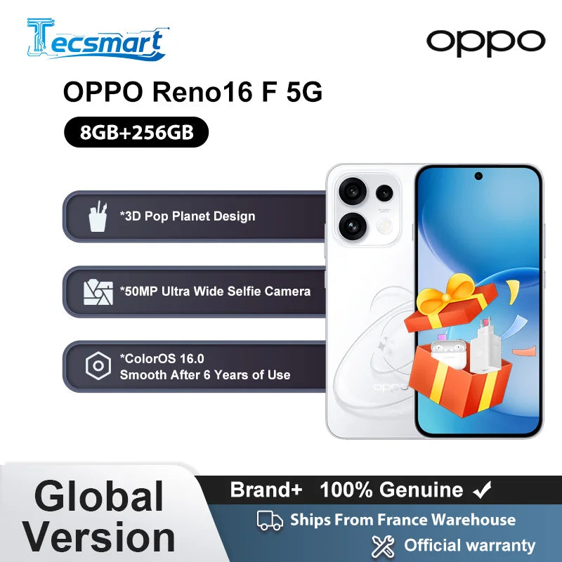 Smartphone - OPPO Reno16 F 5G 8GB+256GB espec. UE AI Remix Collage Cámara selfie ultra gran angular de 50 MP ColorOS 16.0 Batería de 6500 mAh