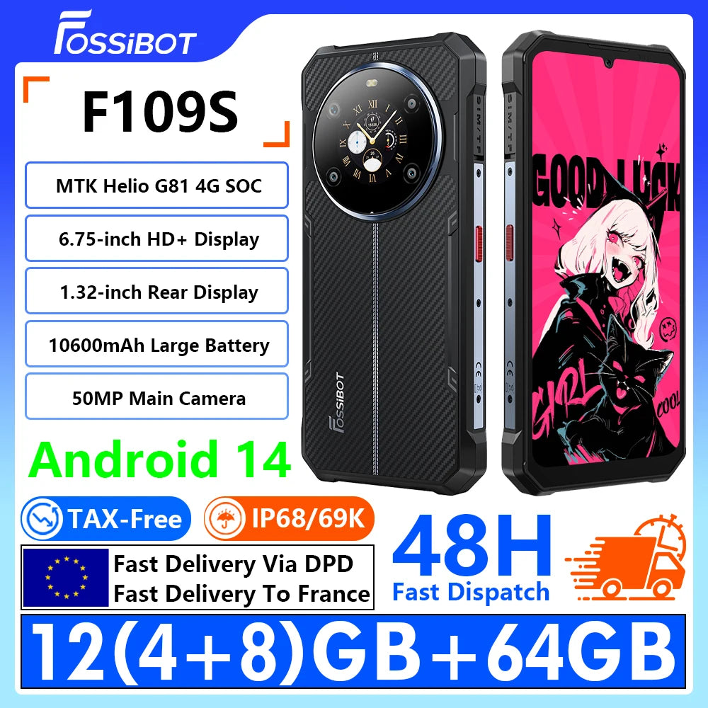 [Enviado desde Europa] FOSSIBOT F109S Teléfono robusto 4G, pantalla HD+ de 6,75 pulgadas, 24(8+16)GB RAM + 256GB ROM, MediaTek Helio G81 4G, batería de 10600mAh, carga rápida de 18W, cámara de 50MP+16MP, pantalla trasera de 1,32 pulgadas, Android 15, NFC