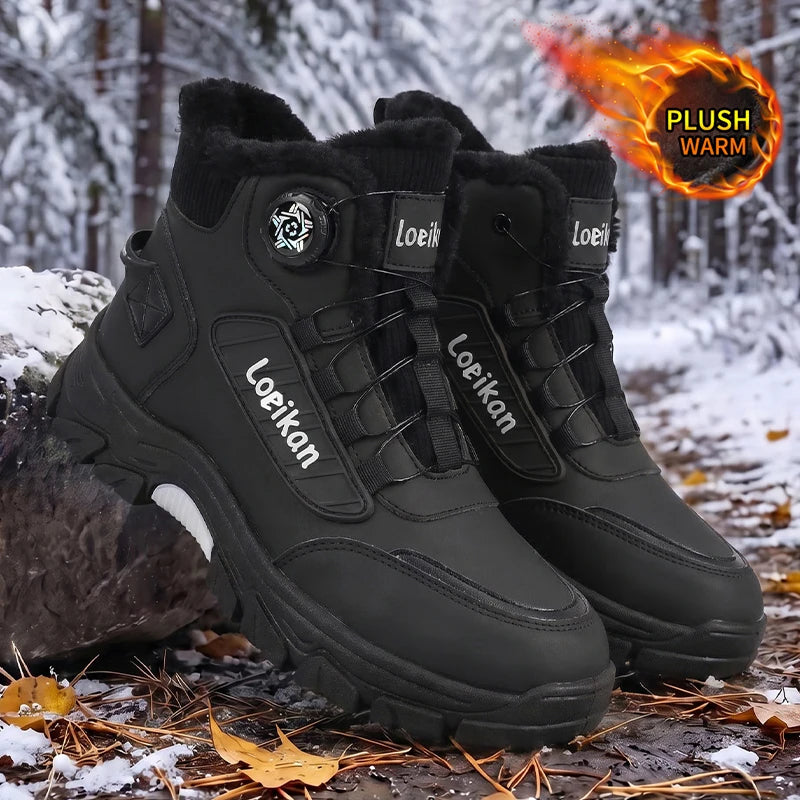 Botas de invierno cálidas de forro polar para hombre, con hebilla giratoria, caña alta, suela gruesa antideslizante, zapatos cómodos para la temporada fría y uso diario en la ciudad.
