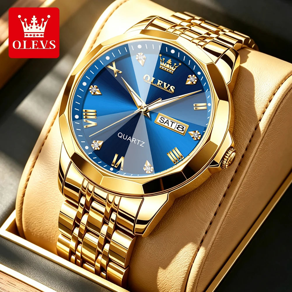 Reloj OLEVS 9931 de gran venta para hombre, moda, espejo de rombo, correa de acero sólido, fecha, resistente al agua, luminoso, reloj de cuarzo original para hombre